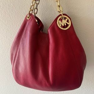 Michael Kors Fulton Charm Shoulder Hobo Style Tote in Cherry Red